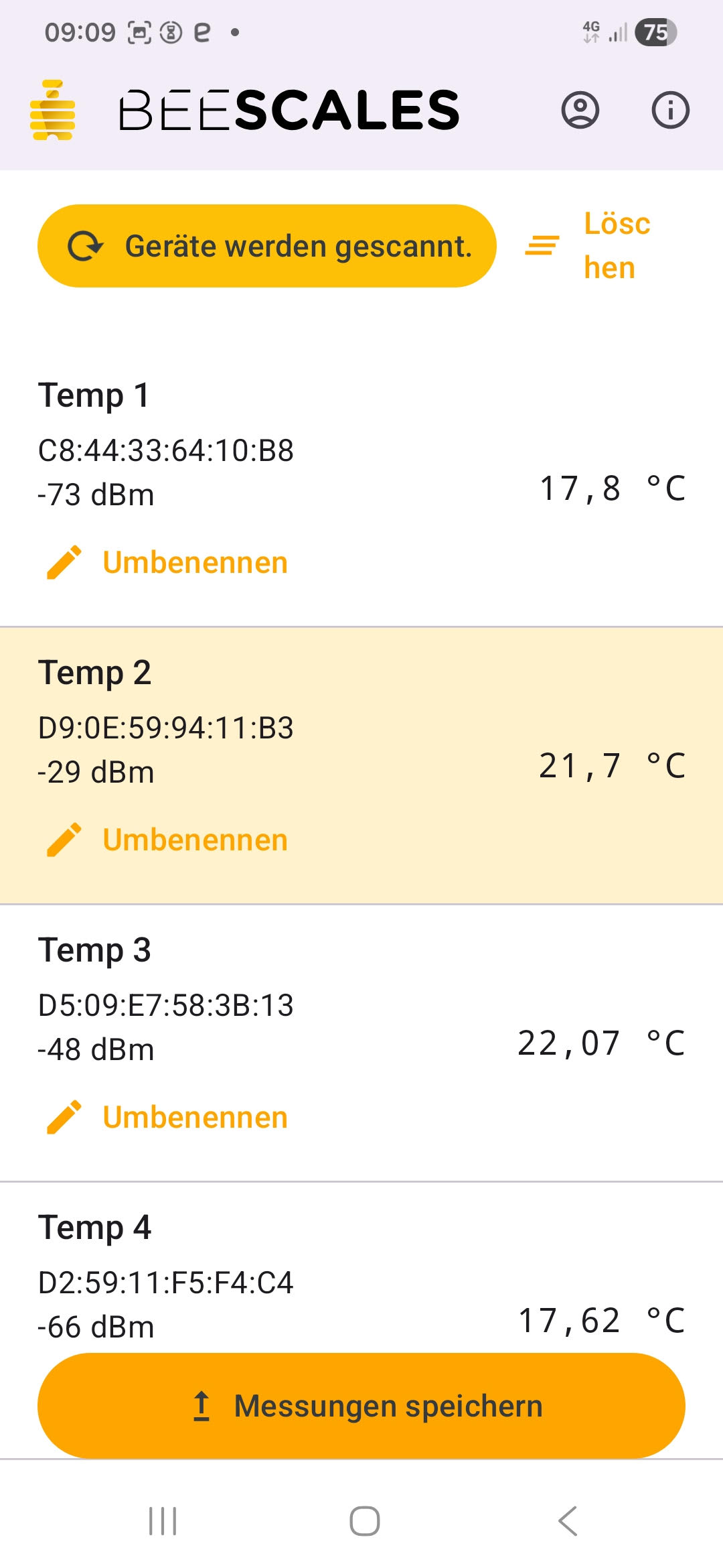 BeeScales Diagnostics – Liste der Temperatursensoren